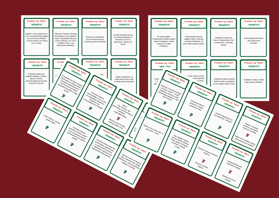 "ZEMSTA" – 40 fiszek – fiszki – PRAWDA – FAŁSZ – lektury obowiązkowe