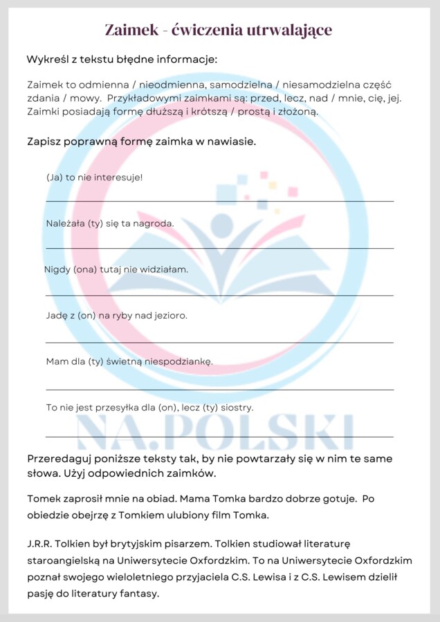 Zaimek - ćwiczenia utrwalające