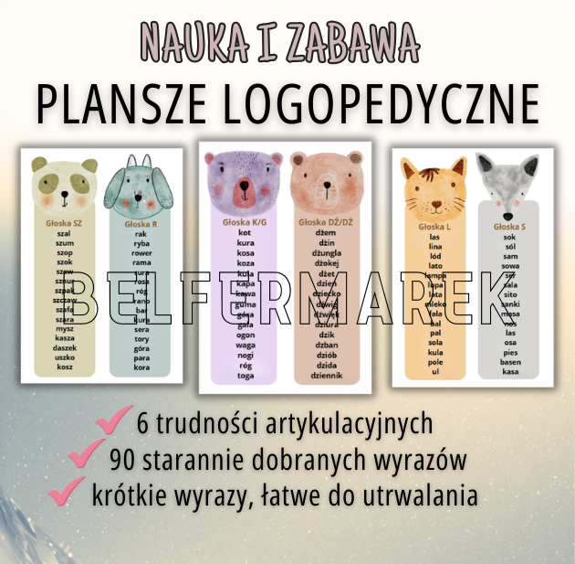 PLANSZE LOGOPEDYCZNE utrwalanie głosek, ćwiczenia artykulacyjne 90 wyrazów
