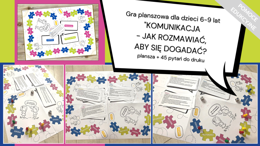 Gra planszowa „Komunikacja – jak rozmawiać, aby się dogadać? Plansza + 45 pytań” dla dzieci 7-9 lat” – pomoc edukacyjna do druku