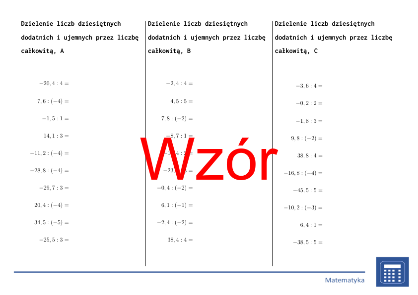 Dzielenie liczb dziesiętnych dodatnich i ujemnych przez liczbę całkowitą | matematyka | 26 kolumn