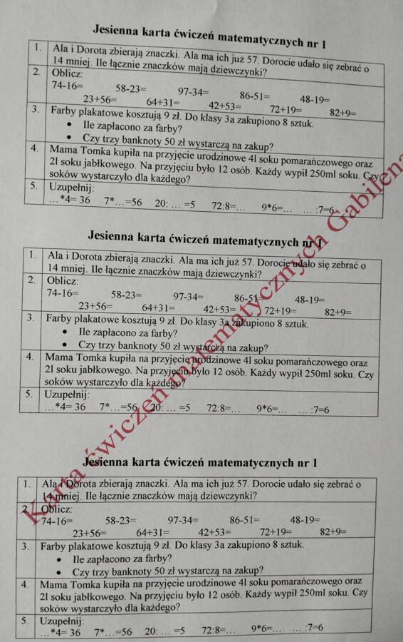 Jesienne karty ćwiczeń matematycznych