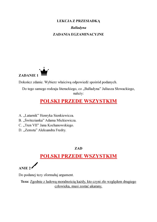 Balladyna- Lekcja z przesiadką- pytania egzaminacyjne