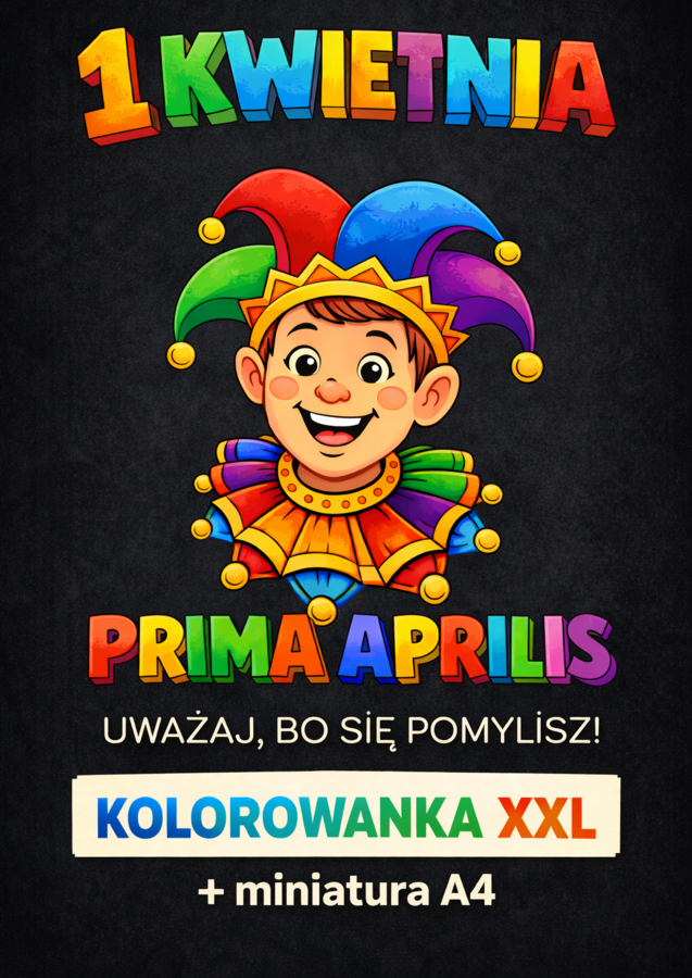 PRIMA APRILIS (1 kwietnia) - pakiet: kolorowanka XXL (9xA4) + miniatura A4; dekoracja, gazetka, plakat, świetlica, lekcja wychowawcza