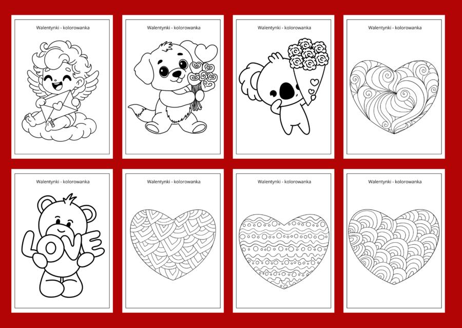 WALENTYNKI – kolorowanka – kolorowanki – biblioteka – świetlica – przedszkole – 30 wersji
