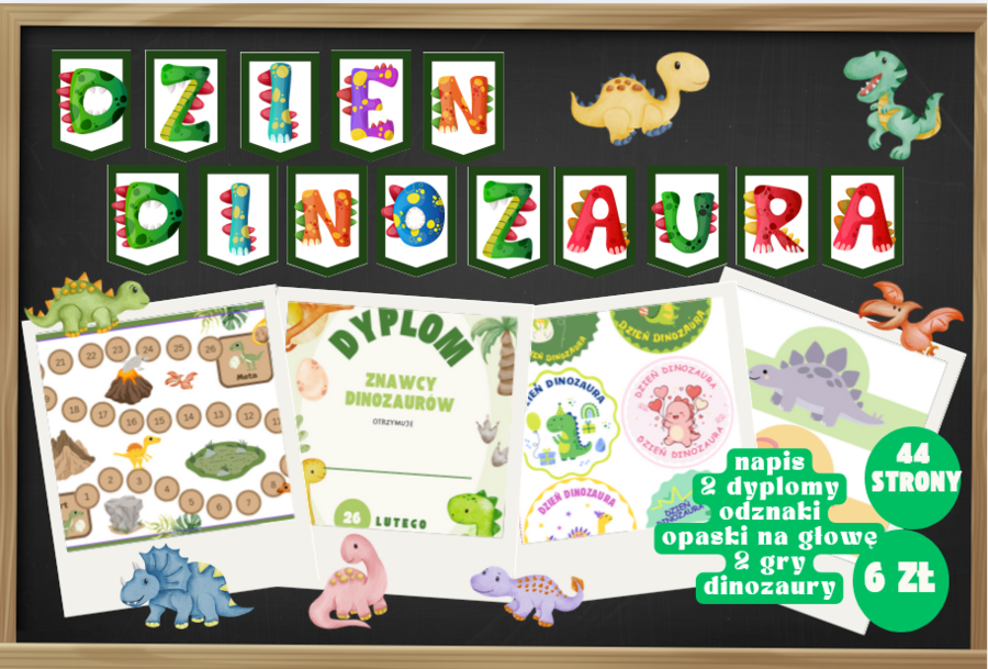 Dzień Dinozaura - napis, odznaki, dyplomy, opaski, gry, dinozaury
