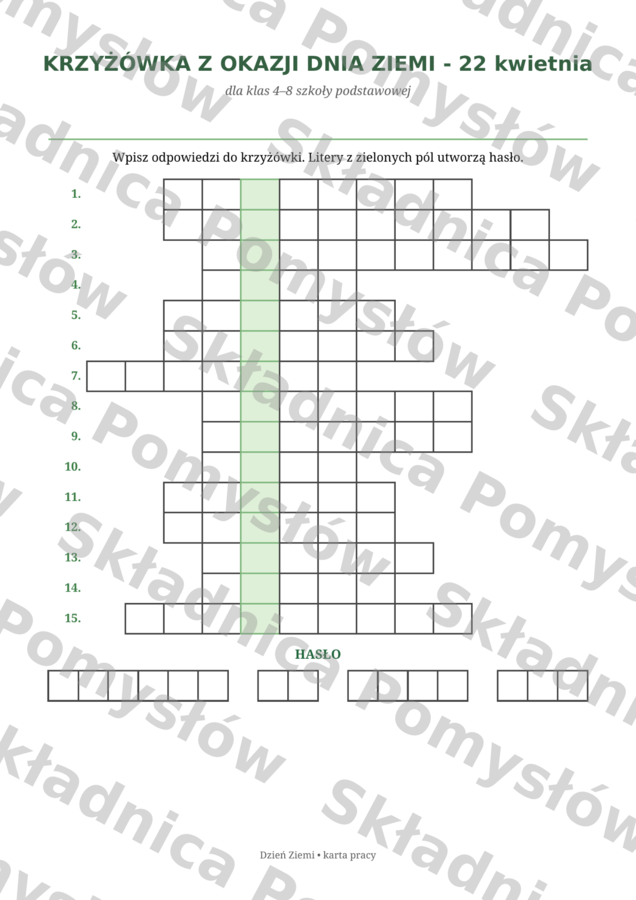 Dzień Ziemi – krzyżówka ekologiczna | karta pracy dla klas 4–8
