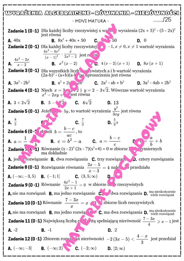 Mini matura. Matematyka - wyrażenia algebraiczne, równania, nierówności.