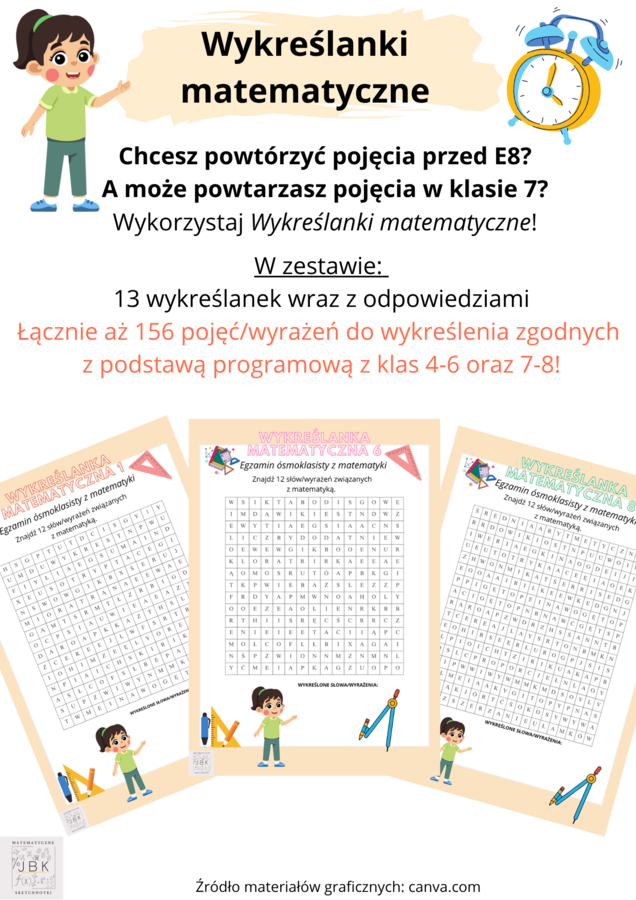Wykreślanki matematyczne - E8 - aż 156 pojęć/wyrażeń do wykreślenia