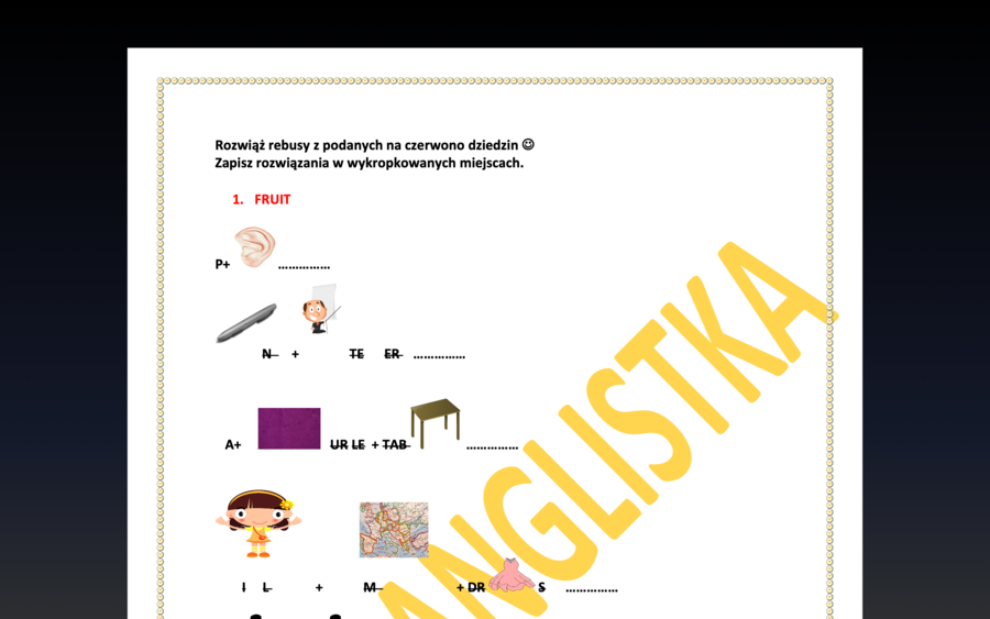 Angielski w rebusach - słownictwo z wielu dziedzin- 7 stron- powtórka po wakacjach na wesoło+ KLUCZ