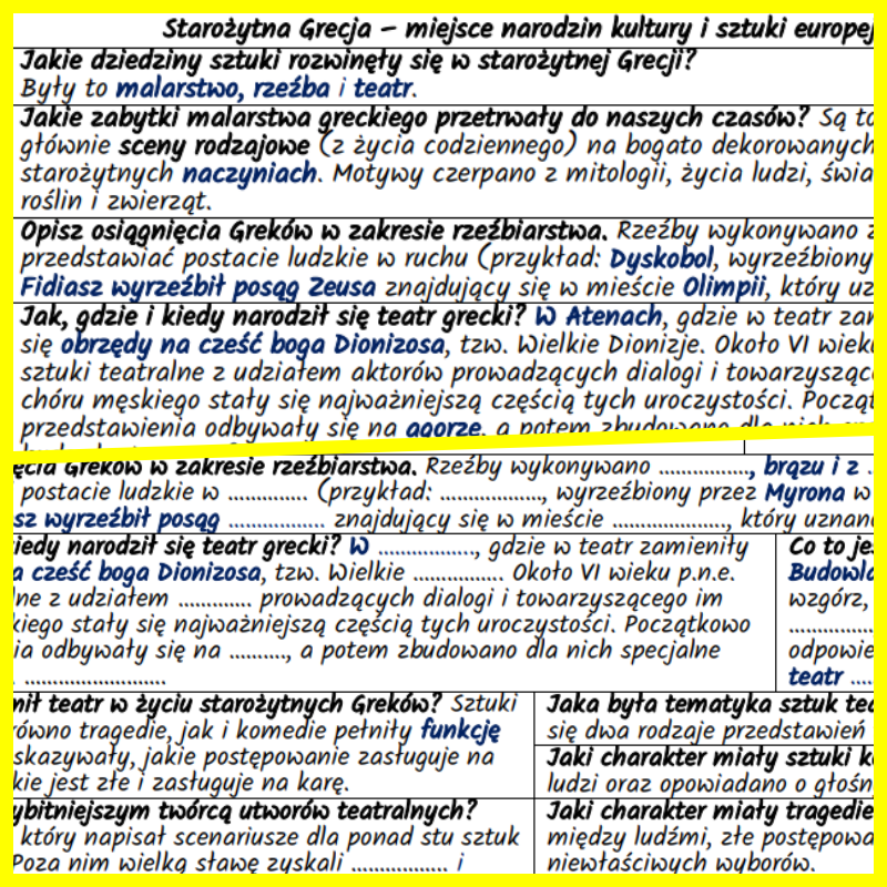 Starożytna Grecja – miejsce narodzin kultury i sztuki europejskiej: notatki i karta pracy