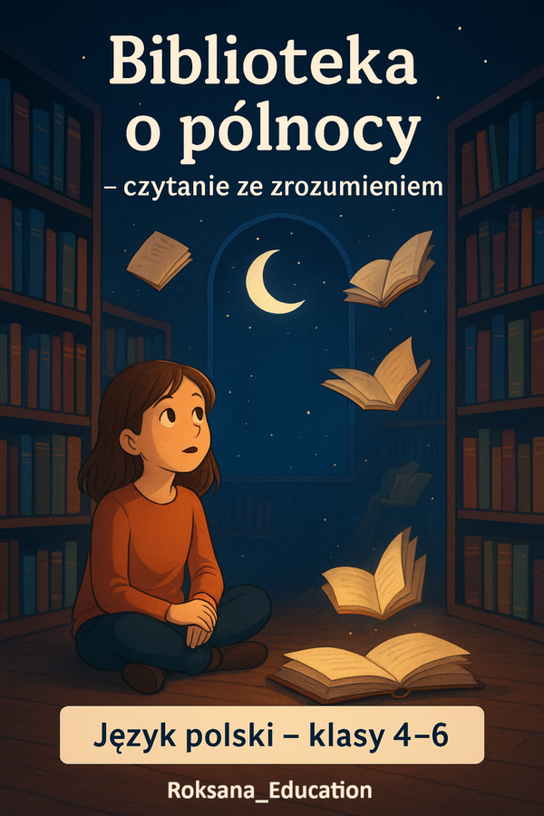 📚🌙 Biblioteka o północy – 15 zadań z języka polskiego ✨ Karta pracy z języka polskiego – klasy 4–6