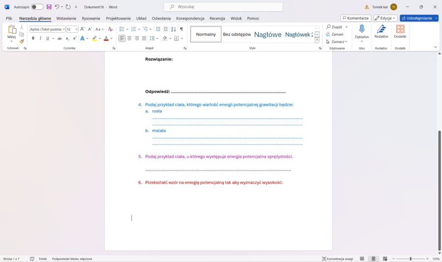 Karta pracy/kartkówka ENERGIA POTENCJALNA