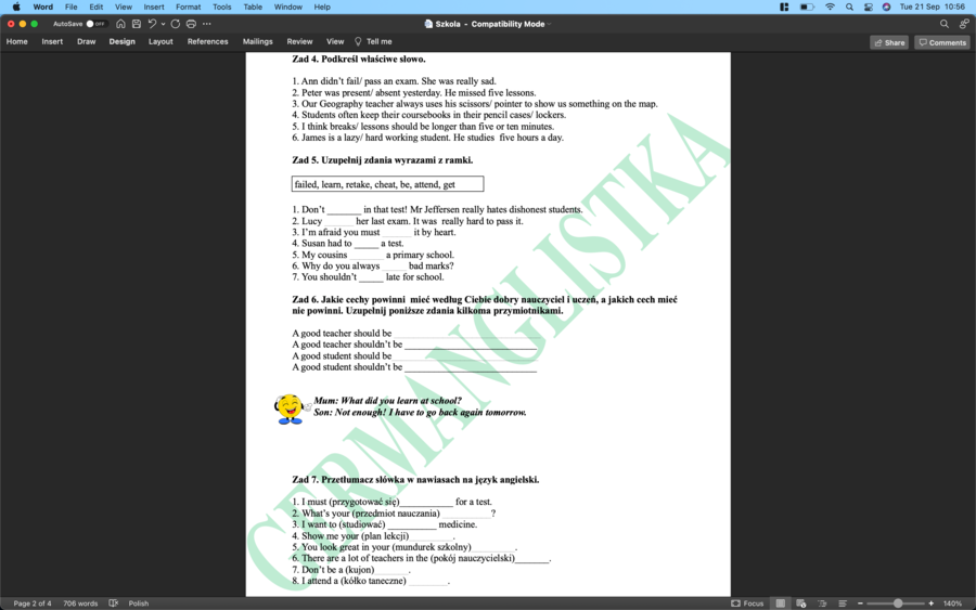 Szkoła - ćwiczenia powtórzeniowe pod kątem egzaminu ósmoklasisty