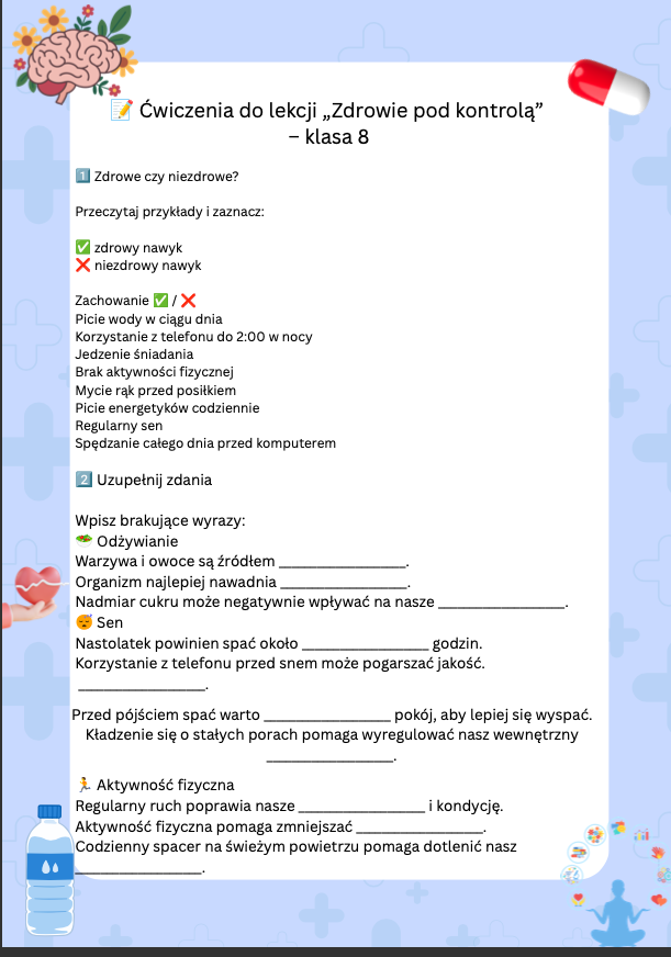Edukacja zdrowotna Pakiet dla klas 6-8 - Gazetka+Prezentacja+Ćwiczenia z kluczem