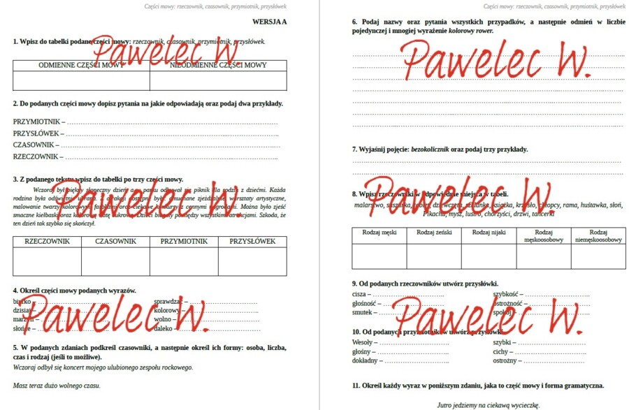 CZĘŚCI MOWY: rzeczownik, przymiotnik, czasownik, przysłówek - karta pracy, sprawdzian, kartkówka - kl. 4, kl. 5 DWIE GRUPY/WERSJA A i B