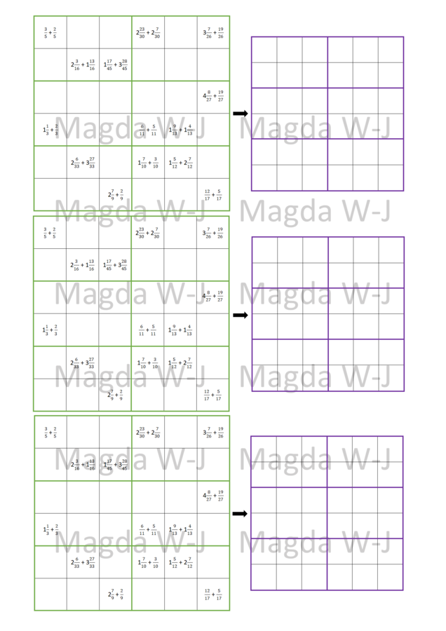 SUDOKU - Dodawanie ułamków o jednakowych mianownikach: Klasa 4 i 5