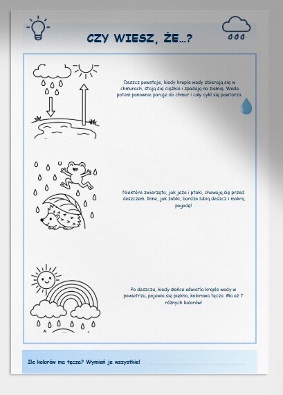Kolorowanka: „Co można robić, kiedy pada deszcz?”