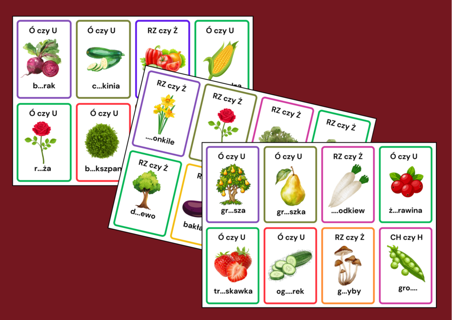 KARTY ORTOGRAFICZNE - warzywa - owoce - rośliny - ORTOGRAFIA - 48 szt. - DZIEŃ OWOCÓW I WARZYW