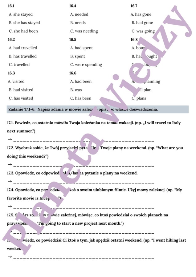 MOWA ZALEŻNA - E8– Zbiór zadań do egzaminu ósmoklasisty z języka angielskiego. Poziom A2/A2+ – 20 STRN ZADAŃ, zamiana zdań na mowę zależna, poprawna składnia, zmiany czasów, wypełnianie luk w tekście, tworzenie własnych zdań i historii + ODPOWIEDZI