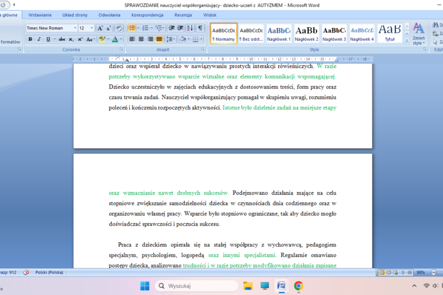 Sprawozdanie nauczyciela WSPÓŁORGANIZUJĄCEGO- dziecko z AUTYZMEM