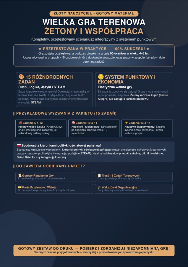 Wielka Gra Terenowa (15 zadań) + Regulamin + Karta Przelewów | Integracja, STEAM, Biwak
