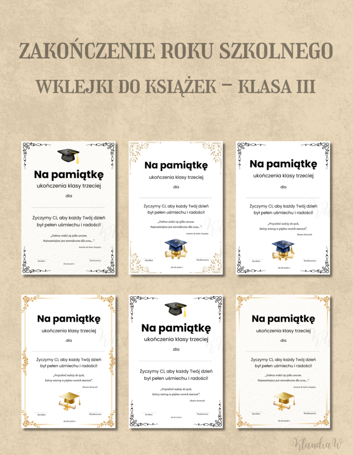 Wklejki do książek na zakończenie roku - klasa 3