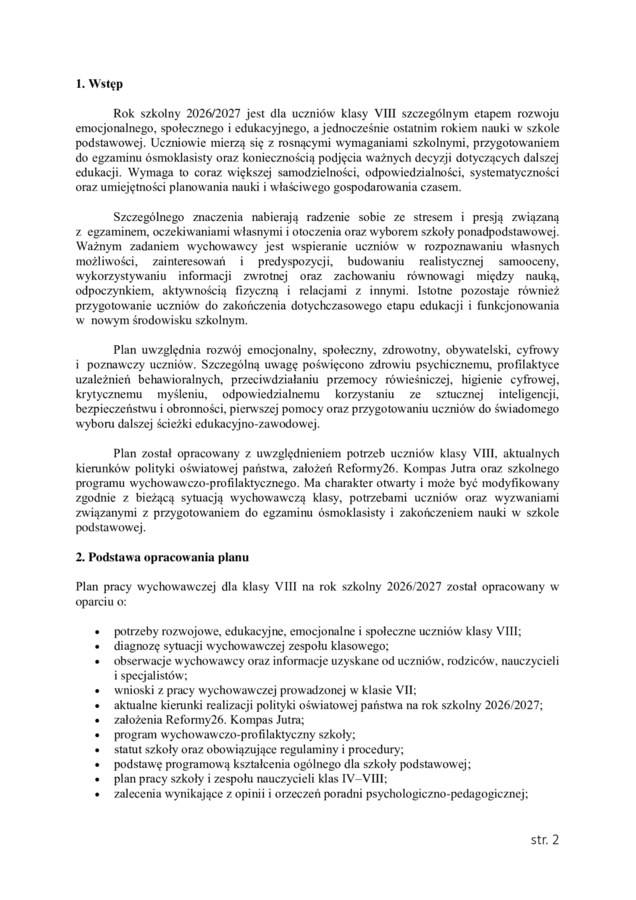 PLAN PRACY WYCHOWAWCZEJ dla klasy VIII na rok szkolny 2026/2027