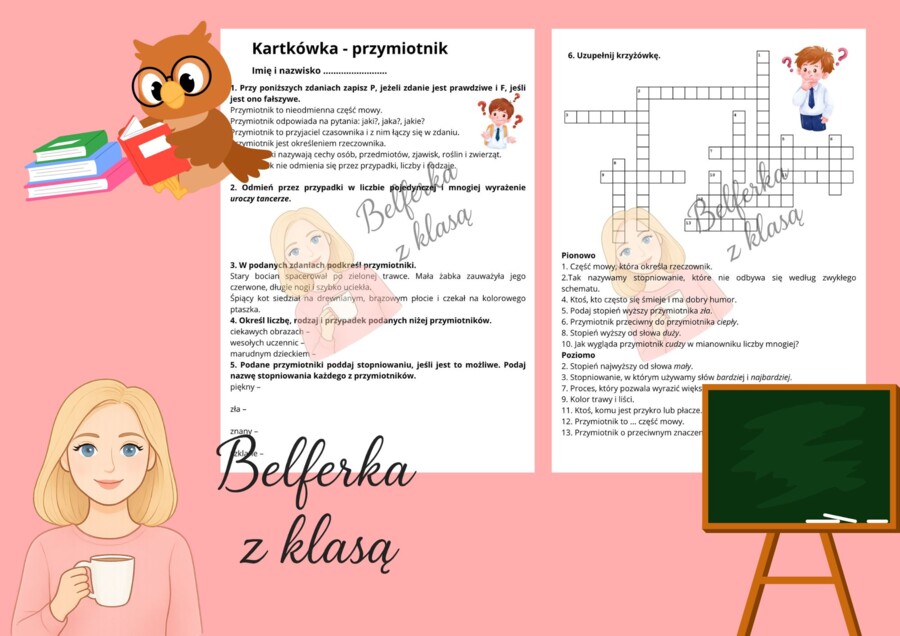 Kartkówka z przymiotnika i jego stopniowania + krzyżówka + klucz odpowiedzi