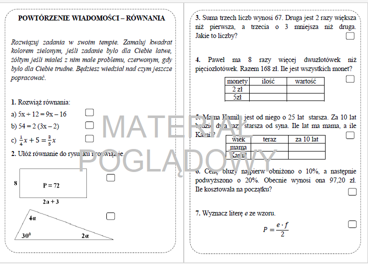 Karta pracy - rozwiązywanie równań. Równania klasa 7, 8