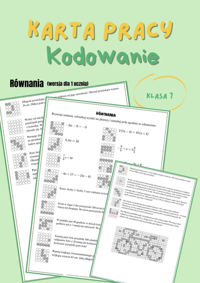 Równania, rozwiązywanie zadań z treścią, kodowana karta pracy, praca indywidualna, klasa 7 i 8