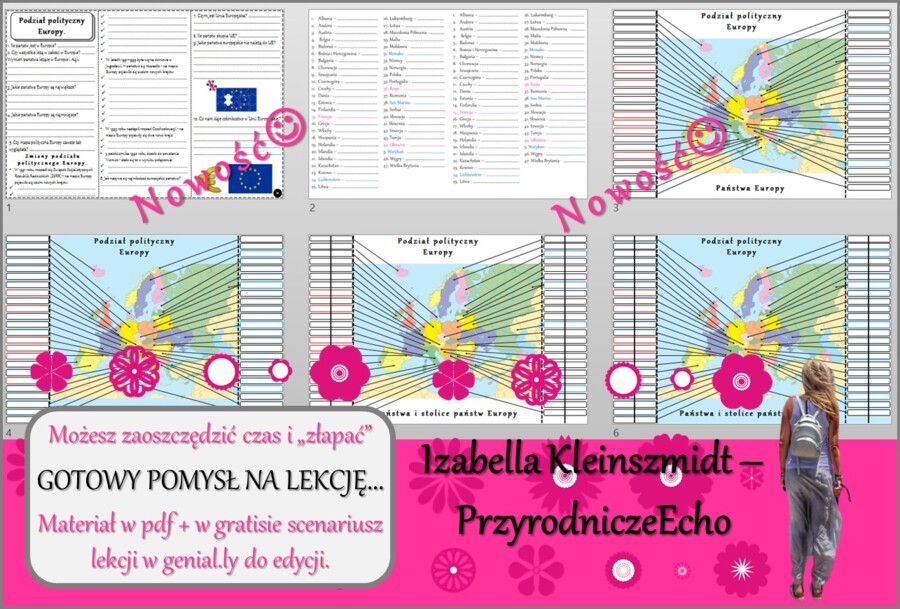 Pomysł na lekcję/karta pracy/stacje zadaniowe/notatki/ materiał do lekcji do tematu „Podział polityczny Europy” w pdf. W gratisie niekomercyjny scenariusz lekcji/pomysł na lekcję w programie genial.ly do edycji. Geografia 6. Dział „Środowisko przyrodnicz