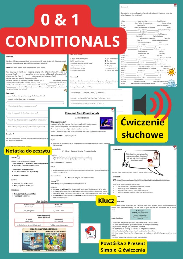 0 & 1 CONDITIONALS KARTY PRACY- notatka, ćwiczenia, słuchanie, klucz, krótka powtórka z Present Simple