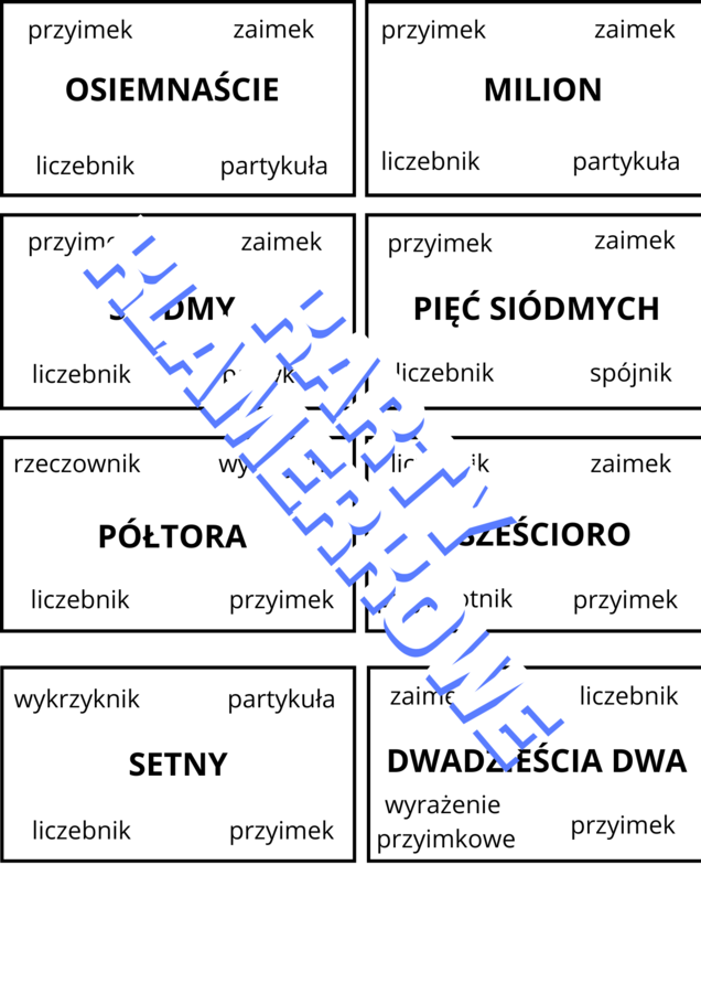 Karty - trudniejsze części mowy (zabawa z klamerkami)