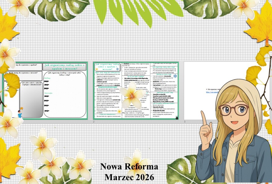 Mały zestaw na jedną lekcję: sketchnotka/notatka/przypomnienie dla nauczyciela, karta pracy plus prezentacja multimedialna „Jak organizmy radzą sobie z upałem i mrozem” w genial.ly. Przyroda "Odkrywam przyrodę". Klasa 4. Dział „Obserwuję pogodę".