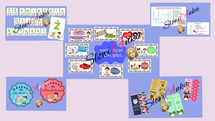 DZIEŃ KSIĄŻKI - zestaw dla klas 4-6 (gazetka, odznaki, zakładki, napis, krzyżówka)