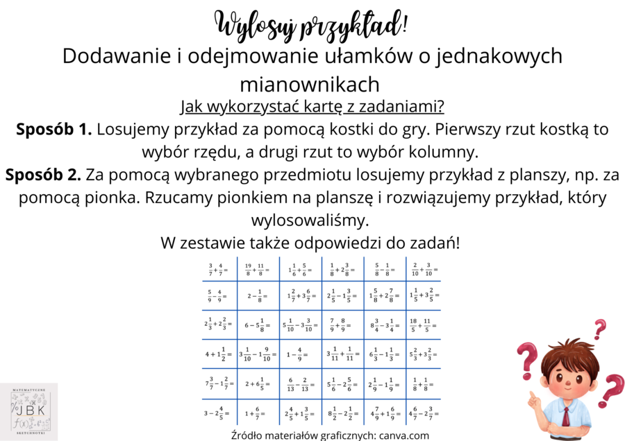 Wylosuj przykład! - Dodawanie i odejmowanie ułamków o jednakowych mianownikach