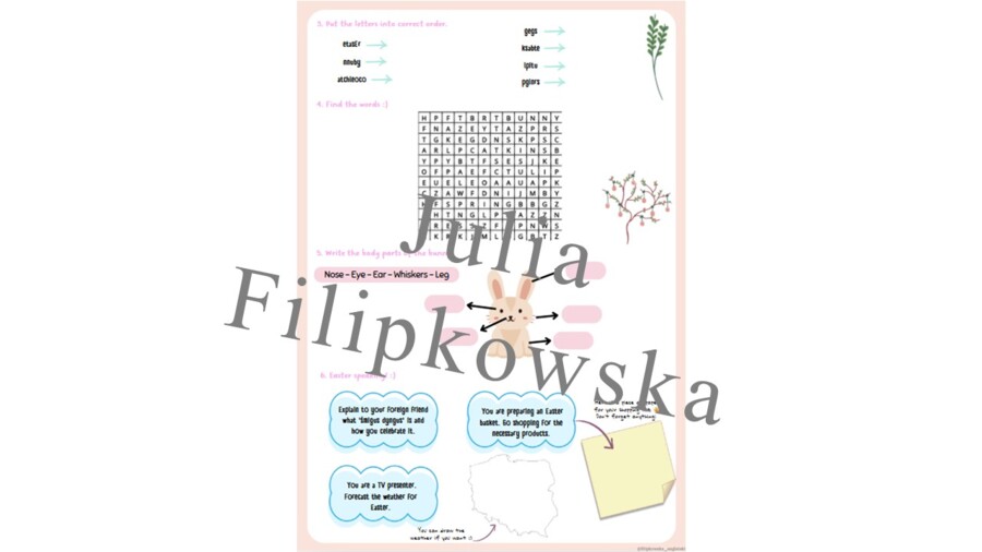 Easter / Wielkanocny zestaw zadań/ karta pracy / gotowa lekcja / Wielkanoc / Zadania/ Mówienie/ Słownictwo/ Klasy 4-6