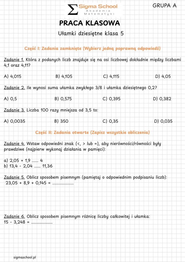 Sprawdzian: Ułamki dziesiętne - Klasa 5 (Grupa A i B + Klucz odpowiedzi)