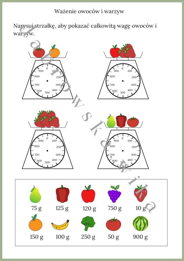 Ważenie owoców i warzyw - karta pracy