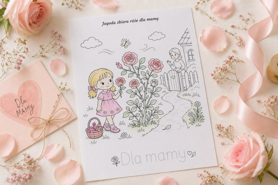 Kolorowanka „Jagoda zbiera róże dla mamy”