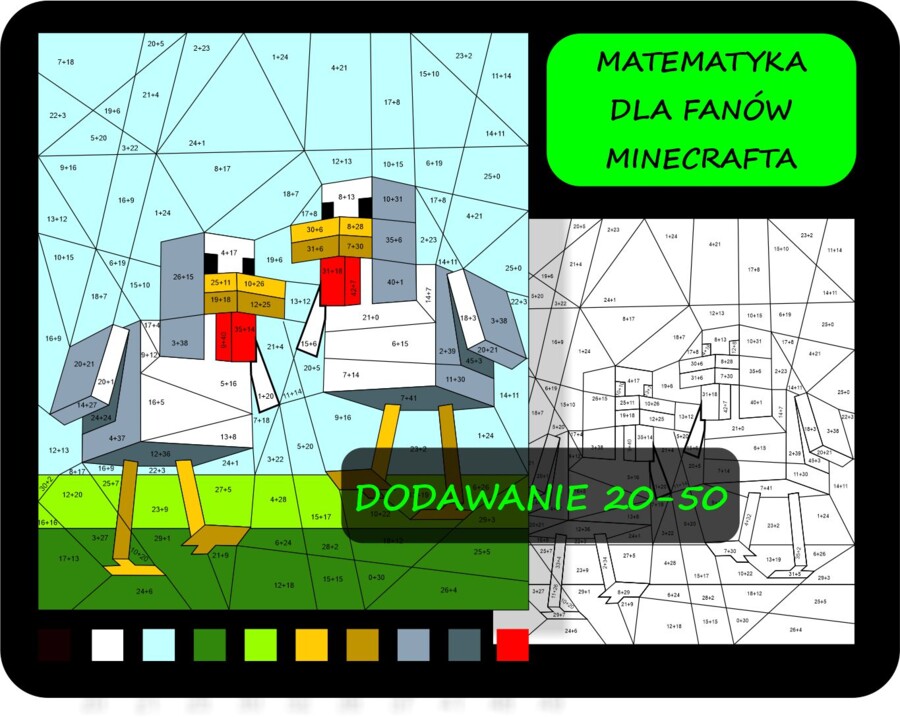 Kolorowanka matematyczna z Minecraft, pokoloruj według wyników dodawania 20-50, dla fanów Minecrafta, doddawanie