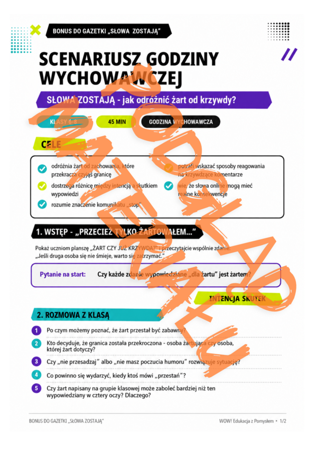 SŁOWA ZOSTAJĄ – hejt, żart, granice, szacunek | gazetka szkolna klasy 4–8 i szkoły ponadpodstawowej