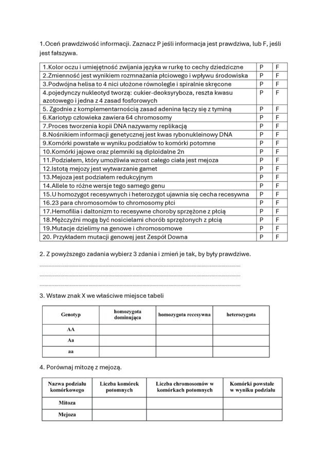 Sprawdzian wiadomości genetyka klasa 8 biologia