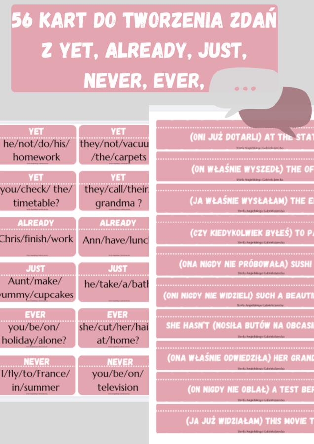 Karty do tworzenia zdań w czasie Present Perfect z yet, already, just, never, ever.