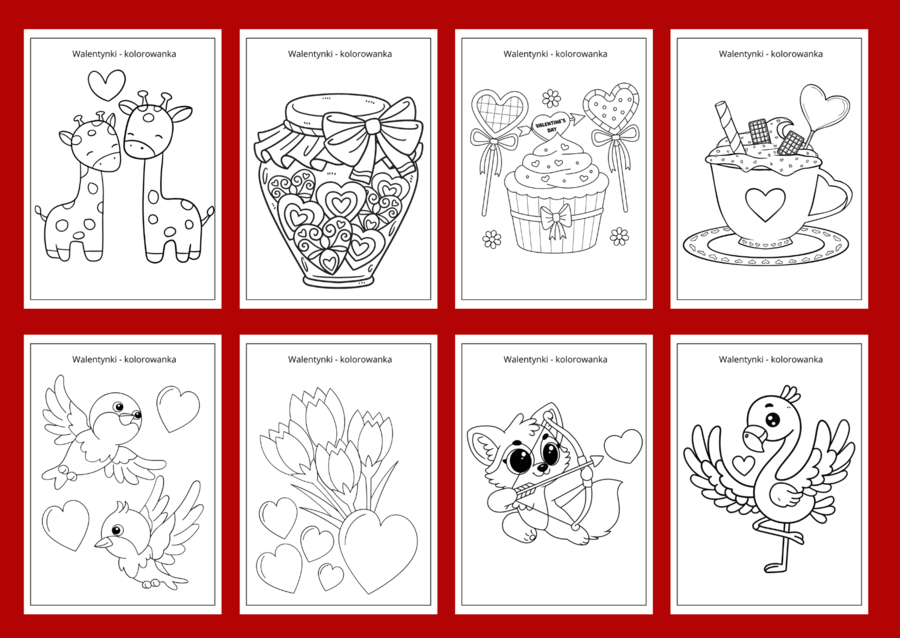 WALENTYNKI – kolorowanka – kolorowanki – biblioteka – świetlica – przedszkole – 30 wersji
