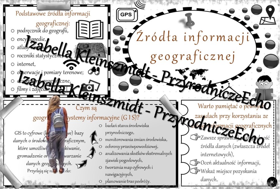 Geograficzna sketchnotka – notatka - wklejka wykonana w power point do tematu „Źródła informacji geograficznej”. Oblicza geografii I, poziom podstawowy, dla liceum ogólnokształcącego i technikum. Geografia I