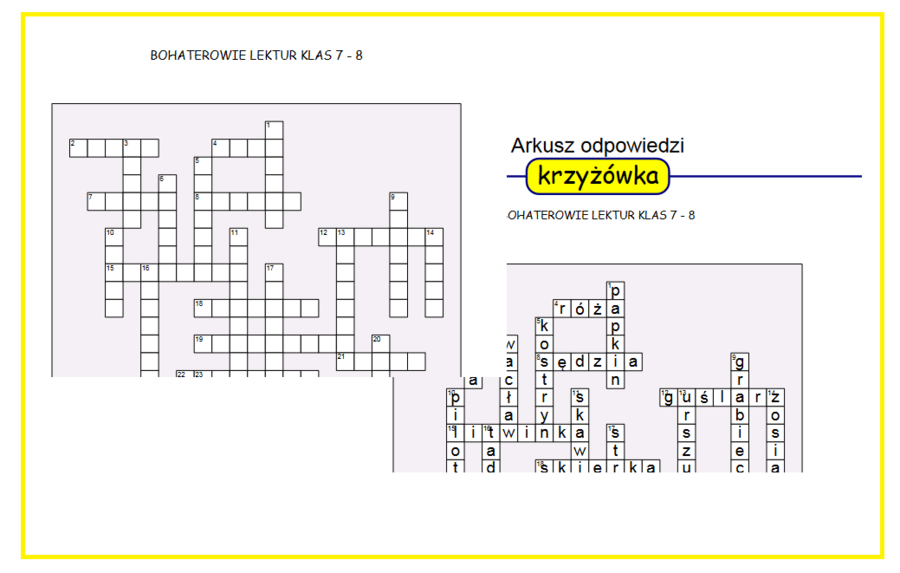 KRZYŻÓWKA Bohaterowie lektur klas 7 - 8 egzamin ósmoklasisty