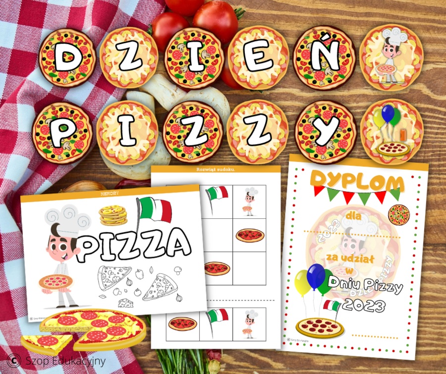 Dzień Pizzy. Girlanda. Zadania. Dyplom. Przypinki. Bingo