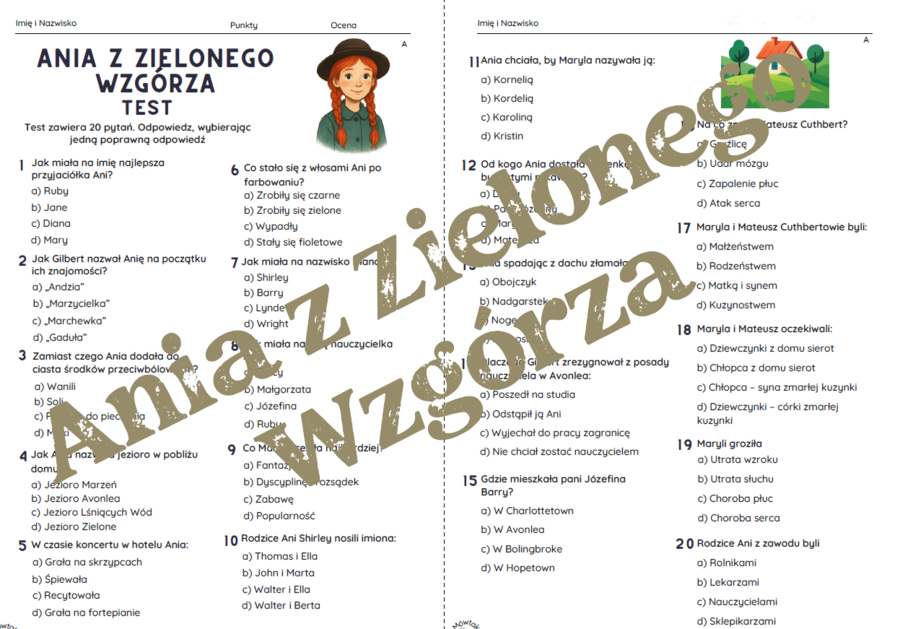 "Ania z Zielonego Wzgórza" - test znajomości lektury